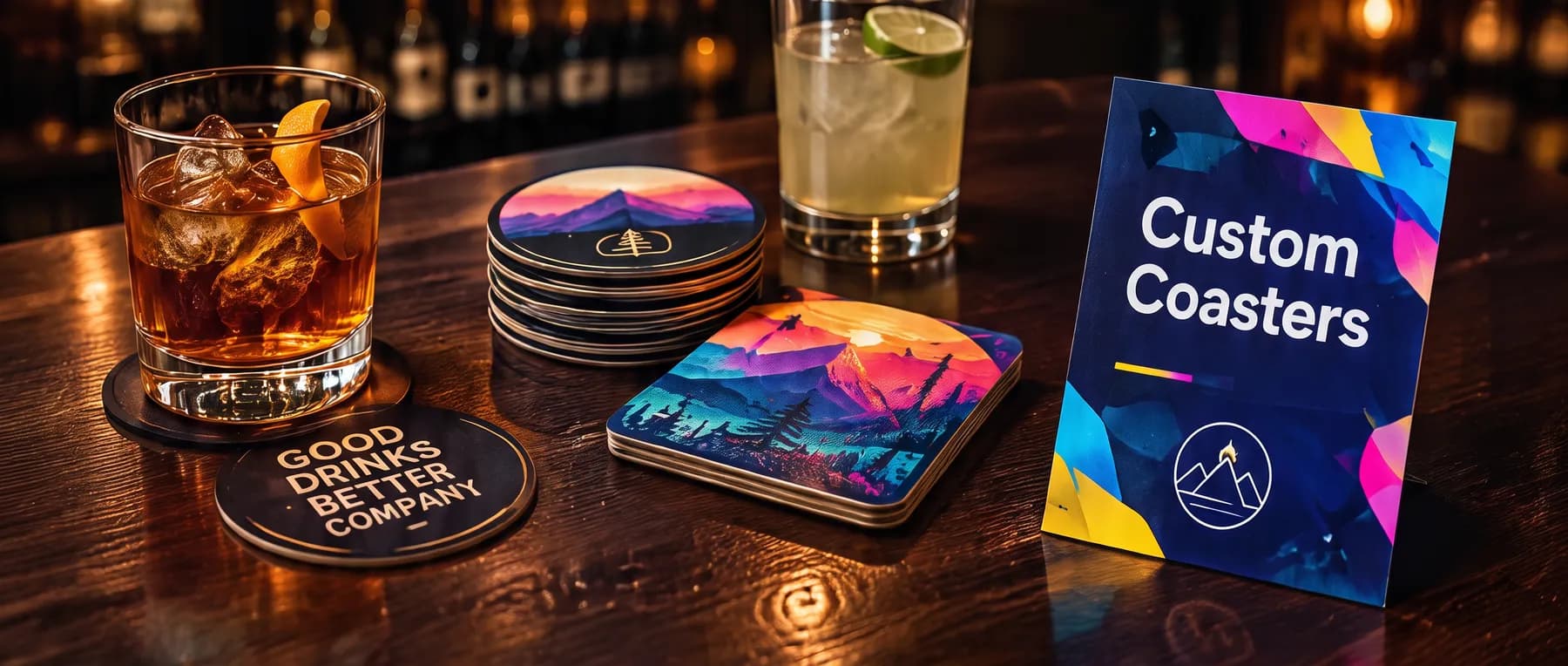 Printed round and square drink coasters on a bar next to drinks and a Custom Coasters promo card