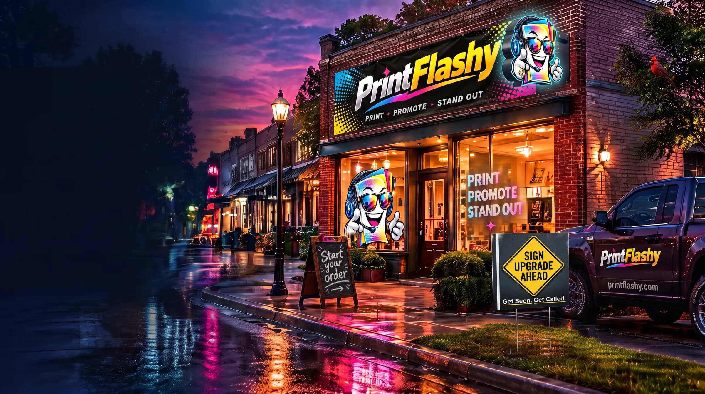 The PrintFlashy storefront at dusk with its banner, window graphics, a sandwich board, a Sign Upgrade Ahead yard sign and a lettered truck