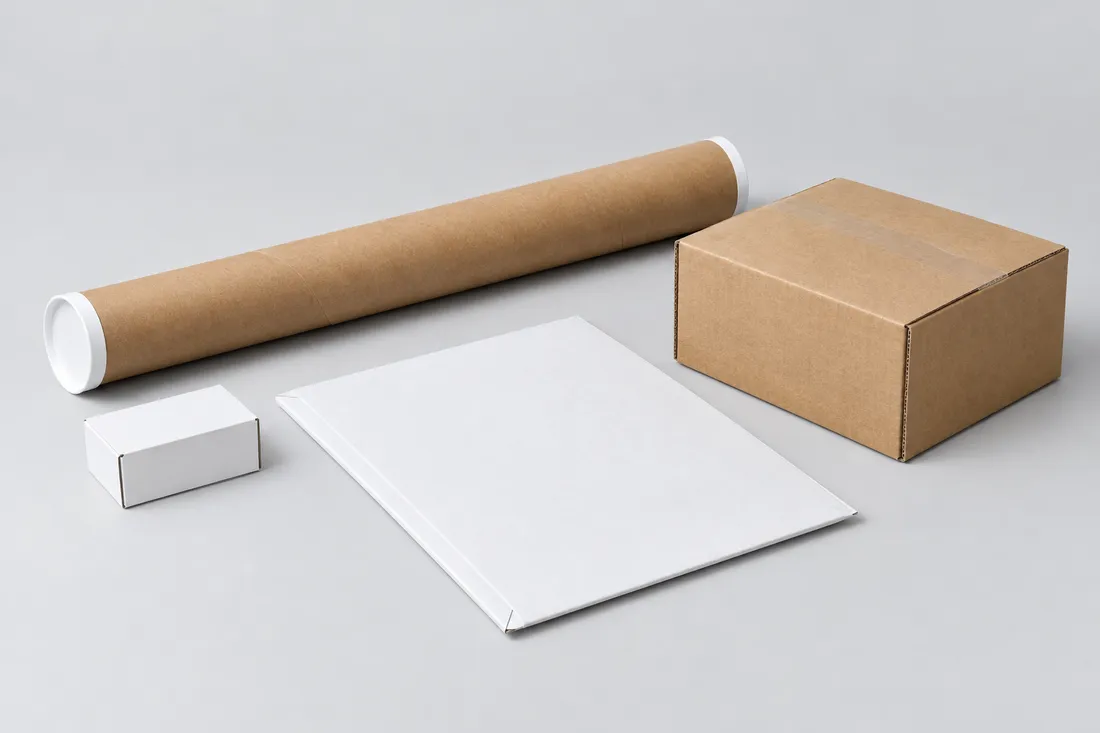 Shipping packaging: a mailing tube, a small box, a flat mailer and a carton